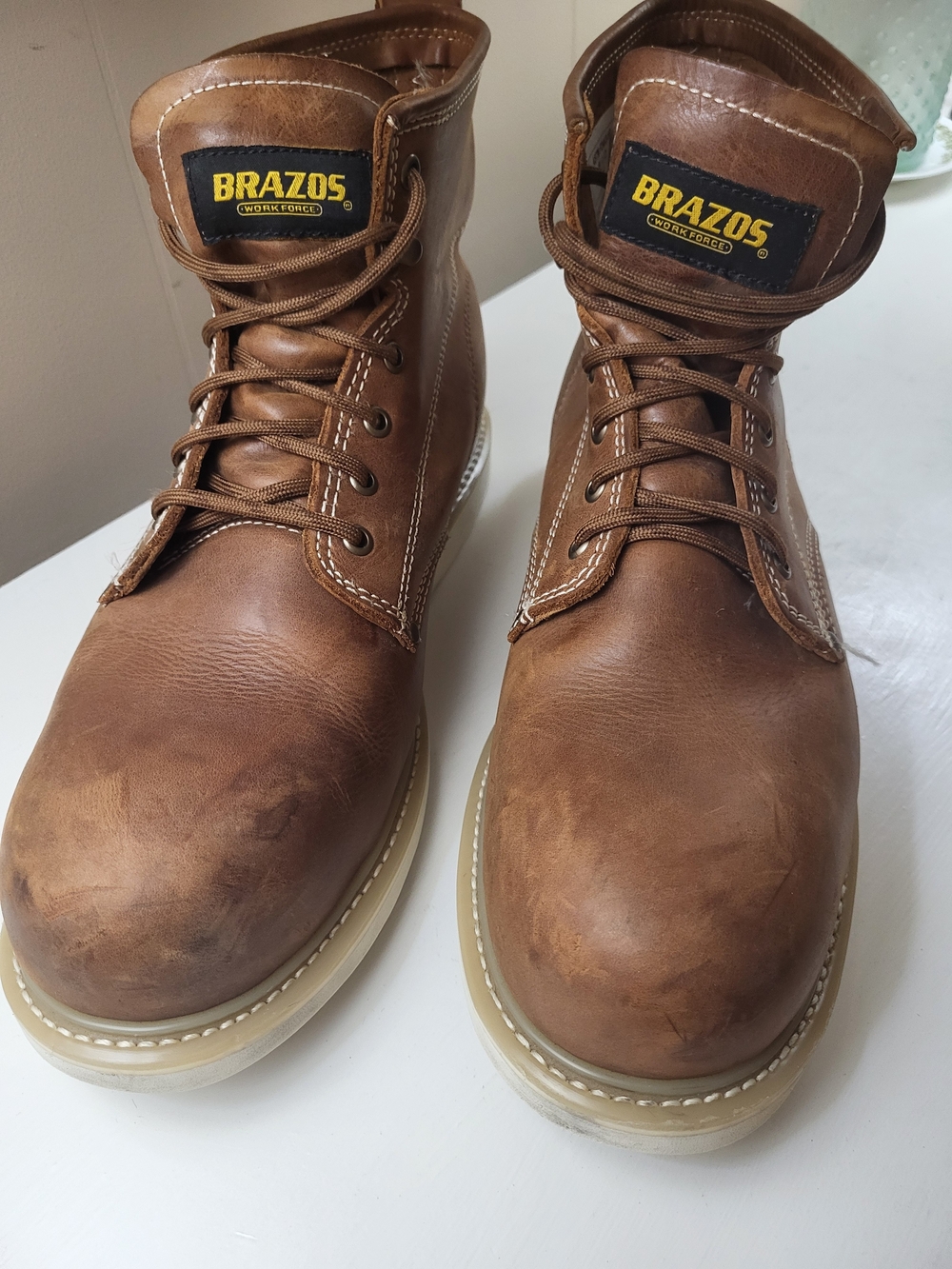 Brazos Men's Tan Leather Work Boots - Lace-Up Construction, Size 12